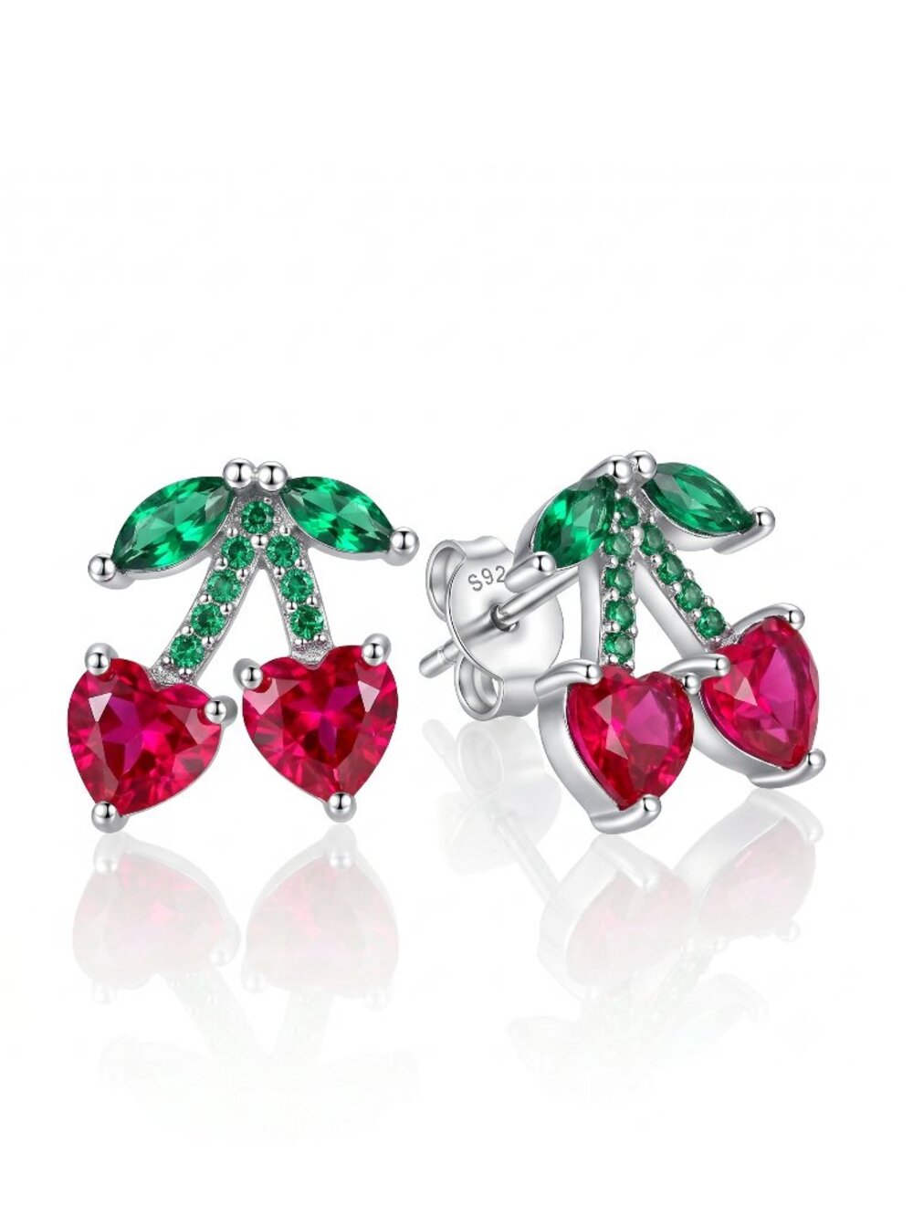 Cherry Stud Earrings with Pink and Green Gemstone